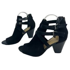 Libby Eldeman Open Toe Bootie Sandal Suede Leather Back Zip Black Womens Size 8M